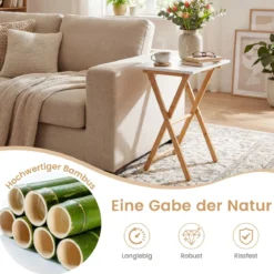 2er Set Klappbare TV Tabletts aus Bambus Tragbarer Beistelltisch Esstisch Weiß + Natur
