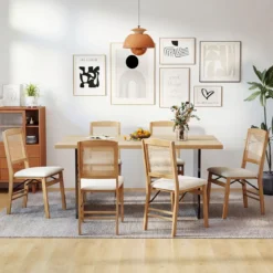 2er Set Klappstühle Esszimmerstühle mit Rattan-Rückenlehne Gepolsterten Sitzen & Holzrahmen Natur