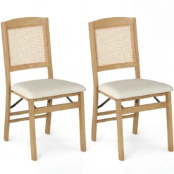 2er Set Klappstühle Esszimmerstühle mit Rattan-Rückenlehne Gepolsterten Sitzen & Holzrahmen Natur