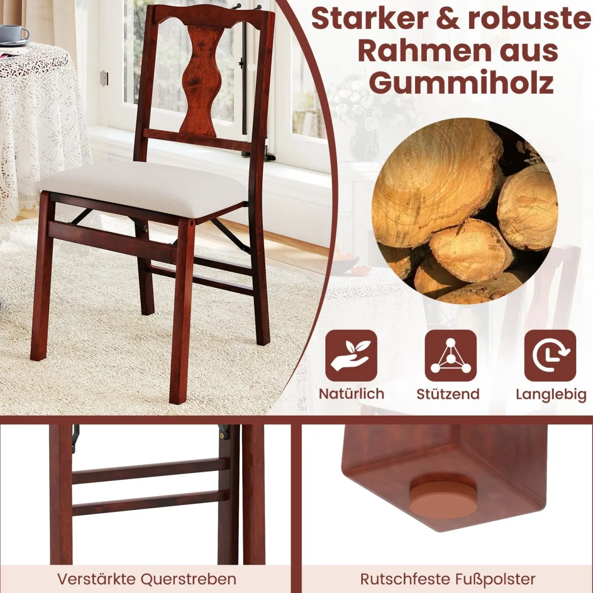 2er-Set Klappstühle mit Gepolsterte Sitzen & Holzrahmen Esszimmerstühle Beige + Braun