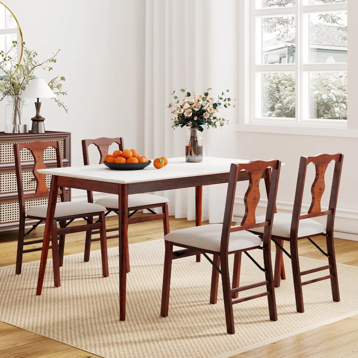 2er-Set Klappstühle mit Gepolsterte Sitzen & Holzrahmen Esszimmerstühle Beige + Braun