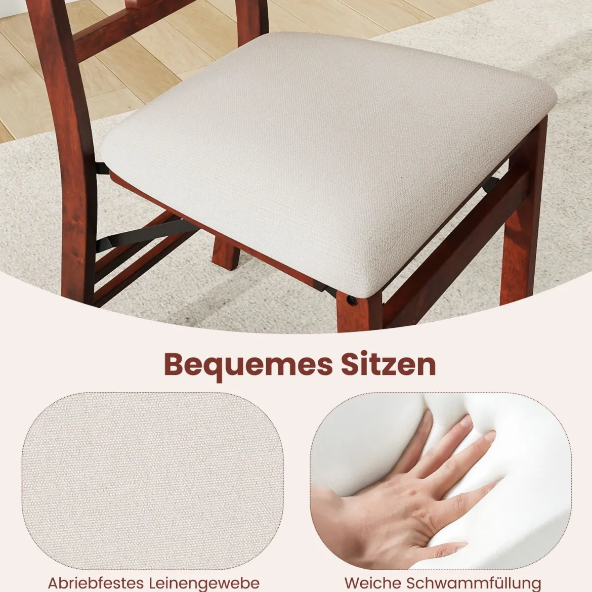 2er-Set Klappstühle mit Gepolsterte Sitzen & Holzrahmen Esszimmerstühle Beige + Braun