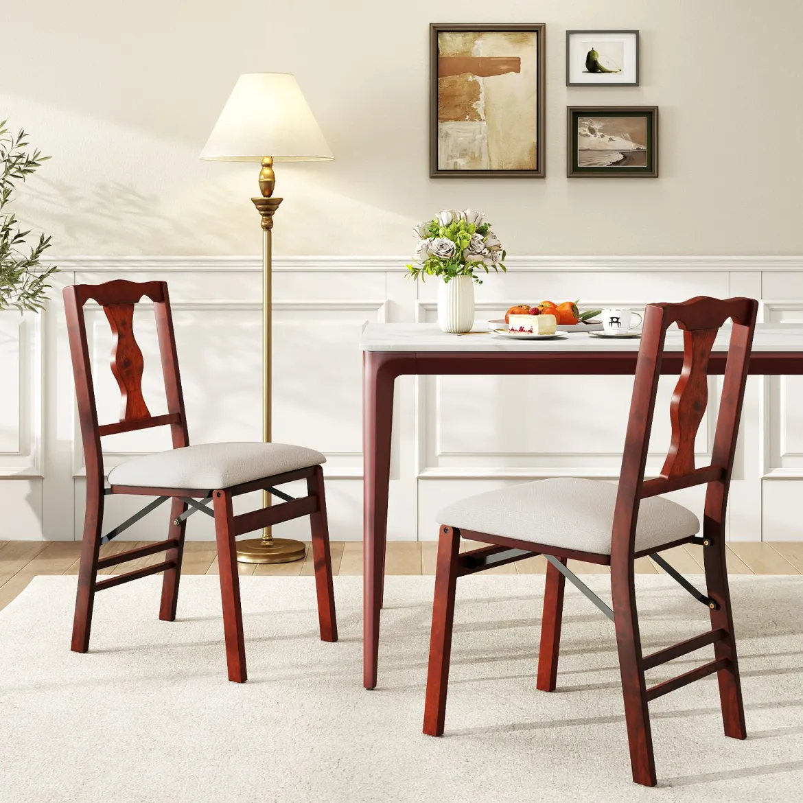 2er-Set Klappstühle mit Gepolsterte Sitzen & Holzrahmen Esszimmerstühle Beige + Braun