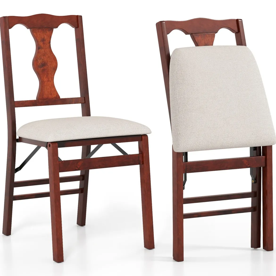2er-Set Klappstühle mit Gepolsterte Sitzen & Holzrahmen Esszimmerstühle Beige + Braun