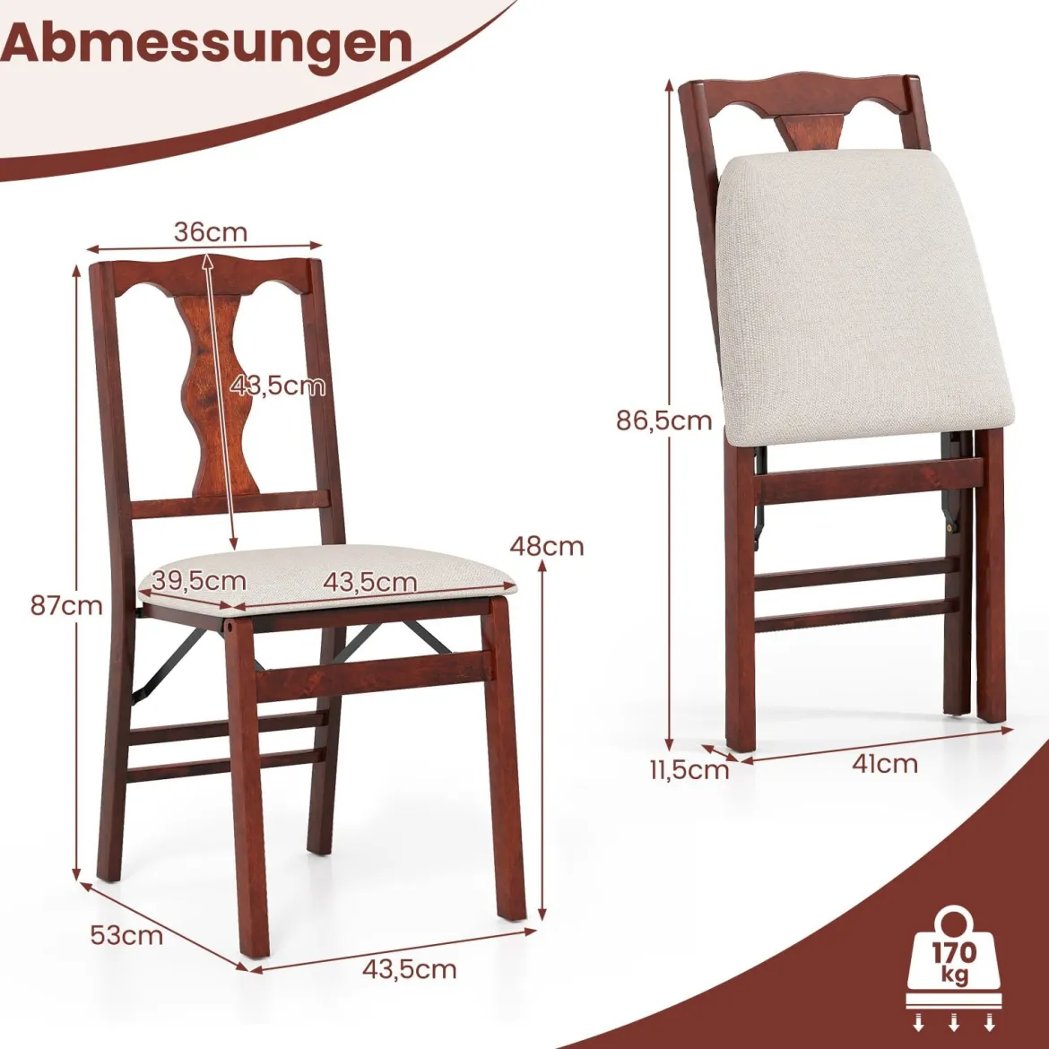 2er-Set Klappstühle mit Gepolsterte Sitzen & Holzrahmen Esszimmerstühle Beige + Braun