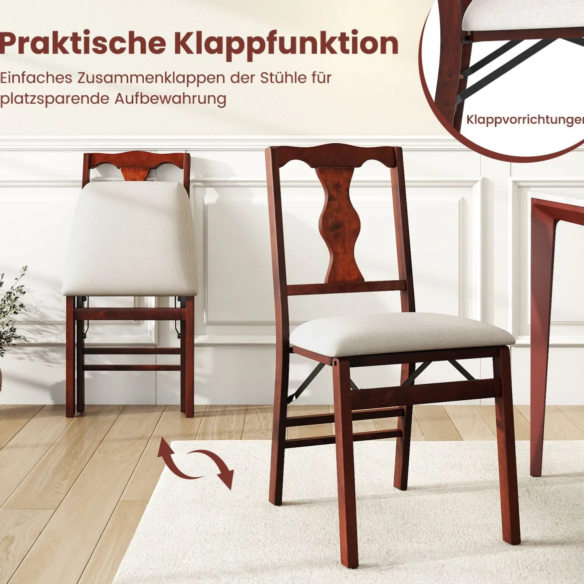 2er-Set Klappstühle mit Gepolsterte Sitzen & Holzrahmen Esszimmerstühle Beige + Braun