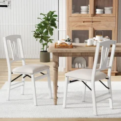 2er-Set Klappstühle mit Gepolsterte Sitzen & Gummibaumholzrahmen Esszimmerstühle Beige + Weiß