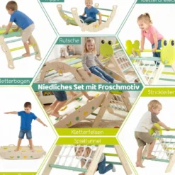 3er Set Klettergerüst Klappabres Kletterdreieck mit Kletterbogen & Rutsche Frosch Sprossendreieck