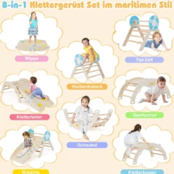 3er Set Klettergerüst mit Rutsche & Kletterbogen & Baustein Set Klappabres Kletterdreieck Natur