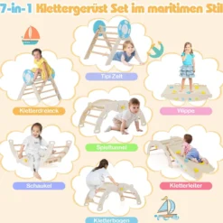 3er Set Klettergerüst mit Rutsche & Kletterbogen & Baustein Set Klappabres Kletterdreieck Natur