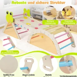 3er Set Klettergerüst mit Rutsche & Kletterbogen & Doppelseitige Rampe Kletterdreieck Mehrfarbig