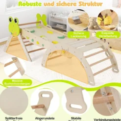 3er Set Klettergerüst mit Rutsche & Kletterbogen & Doppelseitige Rampe Kletterdreieck Natur