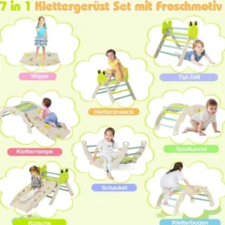 3er Set Klettergerüst mit Rutsche & Kletterbogen & Doppelseitige Rampe Kletterdreieck Grün