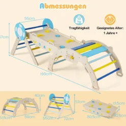 3er Set Klettergerüst mit Rutsche & Kletterbogen & Baustein Set Klappabres Kletterdreieck Blau