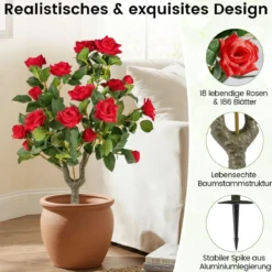 2er Set Künstliche Pflanze Rosen mit Erdspieß & Immergrünen Blättern & Stämmen Seidenblumen