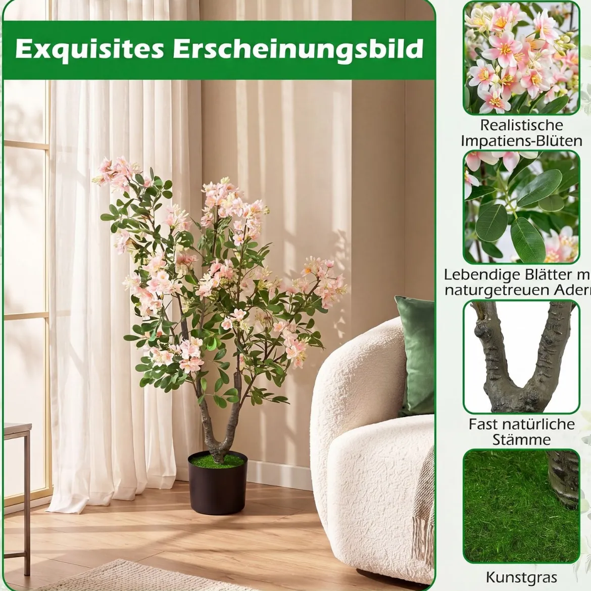 2er Set Künstlicher Impatiens Baum 90 cm Kunstpflanze im Topf mit 210 Seidenblumen und 55 Blättern Rosa