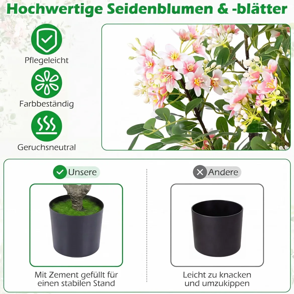 2er Set Künstlicher Impatiens Baum 90 cm Kunstpflanze im Topf mit 210 Seidenblumen und 55 Blättern Rosa