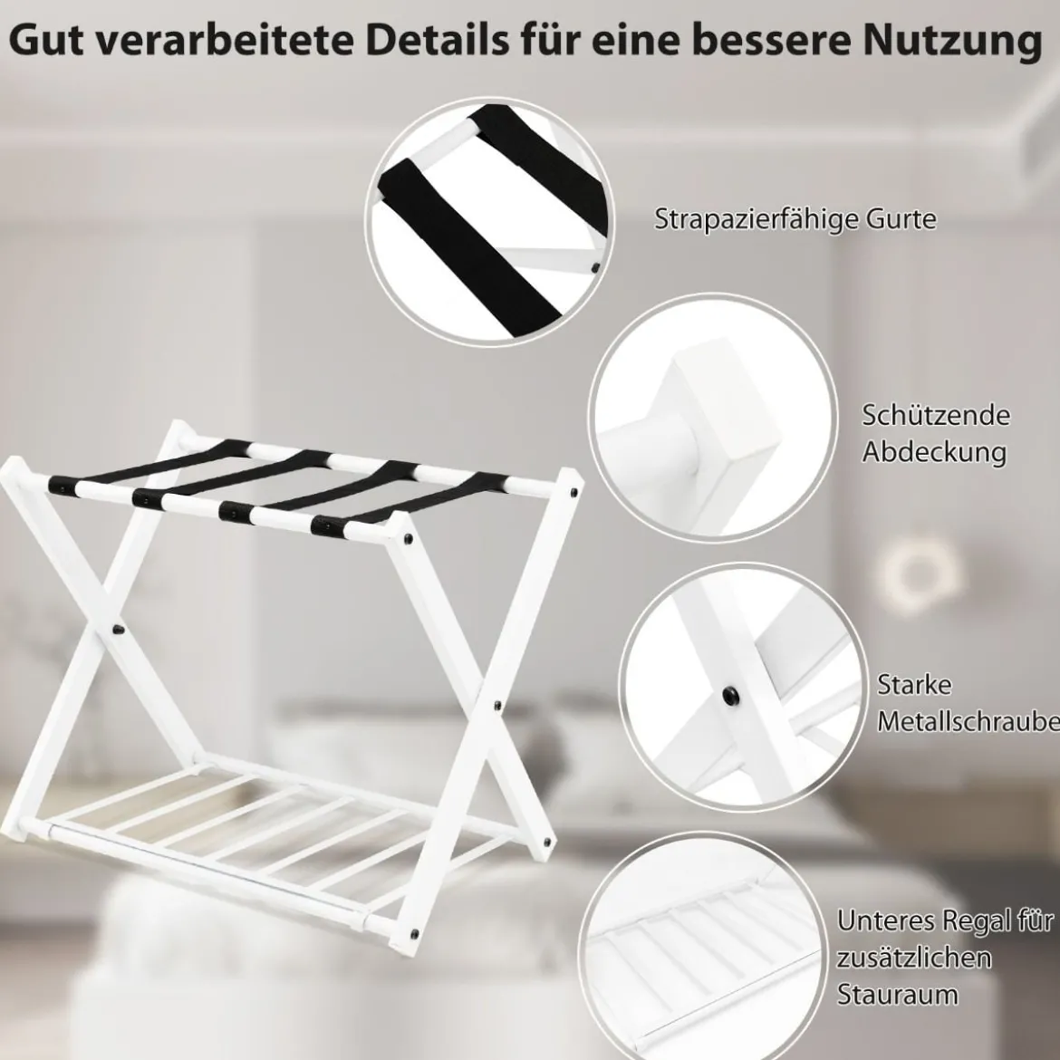 2er Set Kofferständer Klappbar Gepäckablage mit 2-Stöckiger Design Weiß