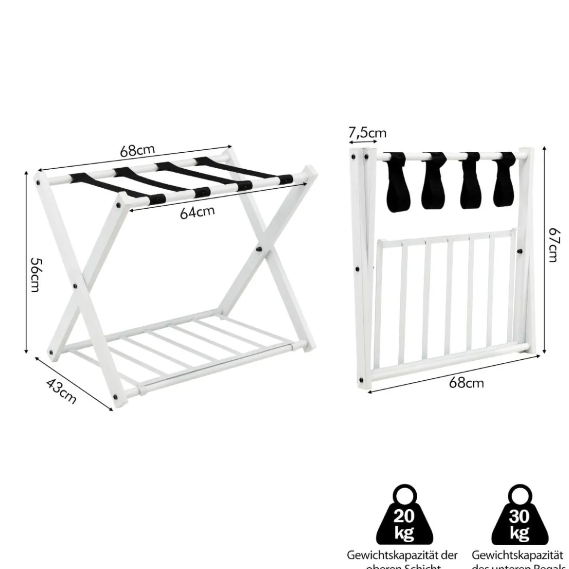 2er Set Kofferständer Klappbar Gepäckablage mit 2-Stöckiger Design Weiß