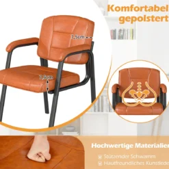2er Set Konferenzstühle mit Gepolsterten Armlehnen & Metallrahmen Besucherstühle Braun