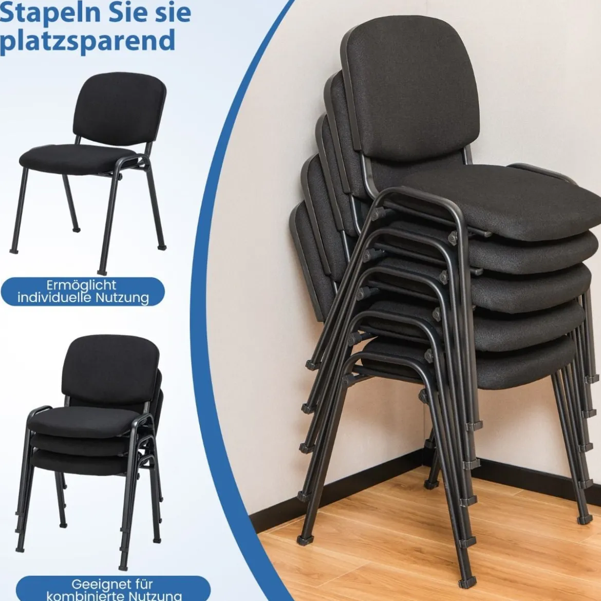 5er Set Konferenzstühle Stapelbare Besucherstühle ohne Armlehnen Armlose Stapelstühle Schwarz