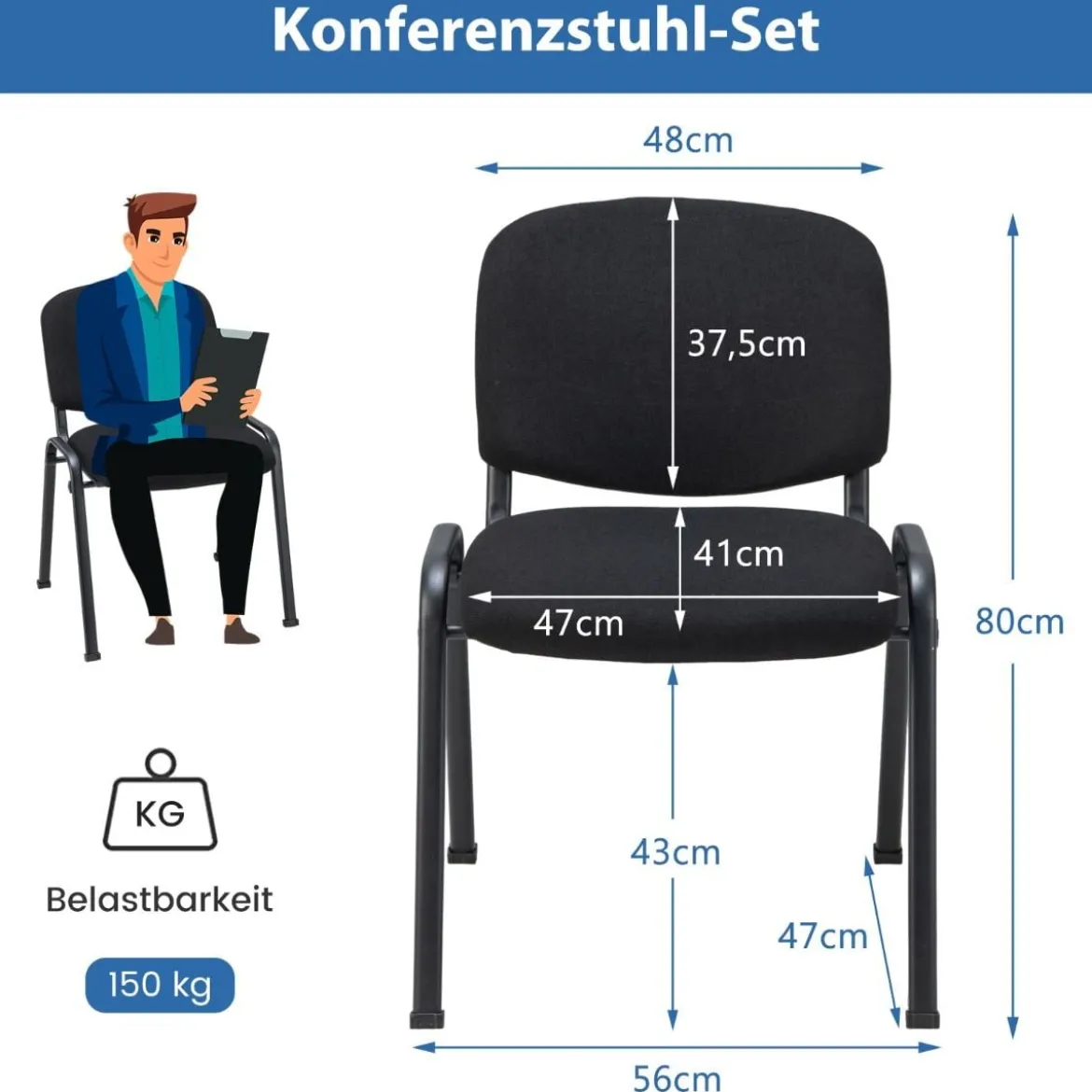 5er Set Konferenzstühle Stapelbare Besucherstühle ohne Armlehnen Armlose Stapelstühle Schwarz