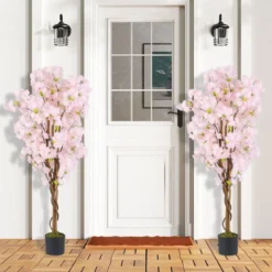 2er Set Kunstbaum mit Blüten 150 cm Kunstpflanze im Topf künstlicher Kirschblütenbaum Rosa