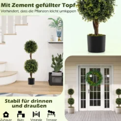 2er Set Kunstpflanze Grün Kunstbaum mit Topf & Massivem Birkenstamm Buchsbaum Topfpflanze