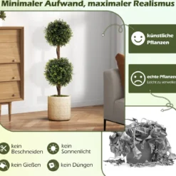 2er Set Kunstpflanze Grün Kunstbaum mit Topf & Massivem Birkenstamm Buchsbaum Topfpflanze