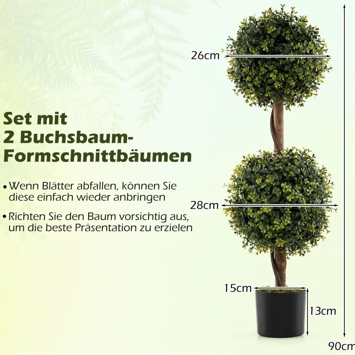 2er Set Kunstpflanze Grün Kunstbaum mit Topf & Massivem Birkenstamm Buchsbaum Topfpflanze