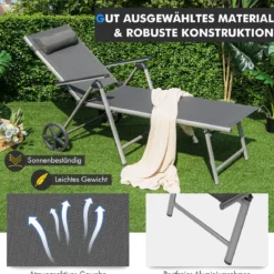 2er Set Liegestuhl aus Aluminium mit Rollen Klappbare Sonnenliege 137,5 x 75 x 23,5 cm Grau
