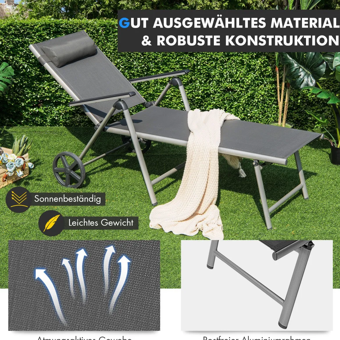 2er Set Liegestuhl aus Aluminium mit Rollen Klappbare Sonnenliege 137,5 x 75 x 23,5 cm Grau