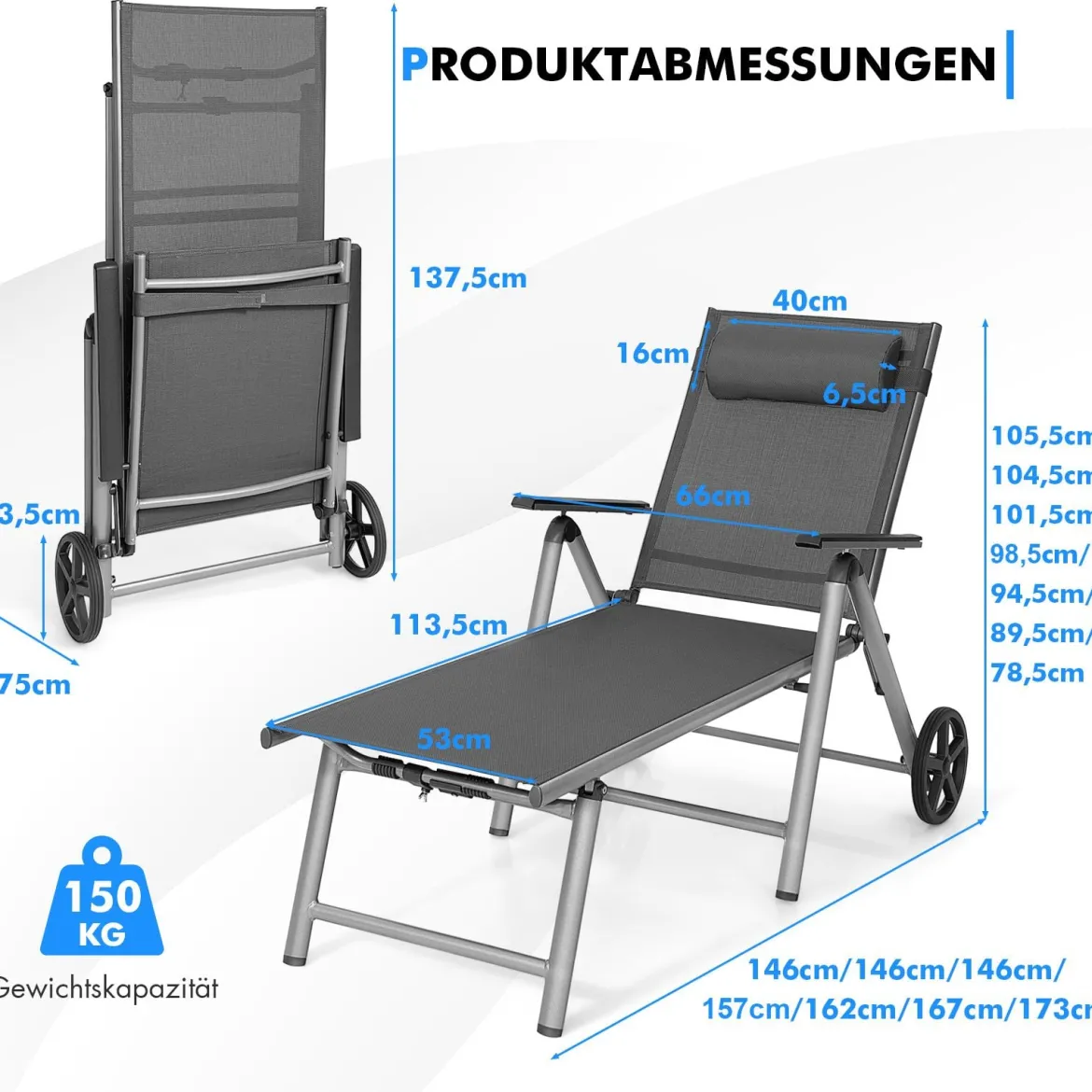 2er Set Liegestuhl aus Aluminium mit Rollen Klappbare Sonnenliege 137,5 x 75 x 23,5 cm Grau