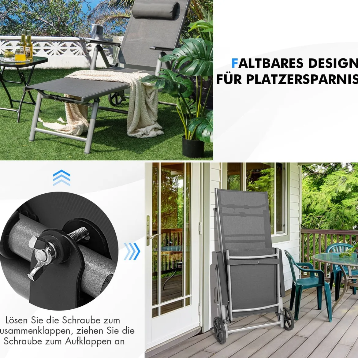 2er Set Liegestuhl aus Aluminium mit Rollen Klappbare Sonnenliege 137,5 x 75 x 23,5 cm Grau