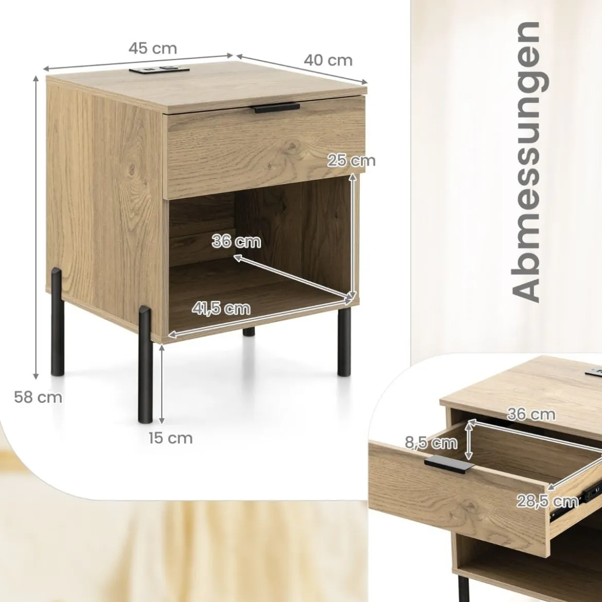 2er Set Moderner Nachttisch mit Ladestation & Schublade & Offenem Fach Beistelltisch