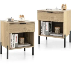 2er Set Moderner Nachttisch mit Ladestation & Schublade & Offenem Fach Beistelltisch