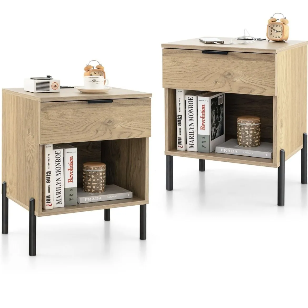 2er Set Moderner Nachttisch mit Ladestation & Schublade & Offenem Fach Beistelltisch