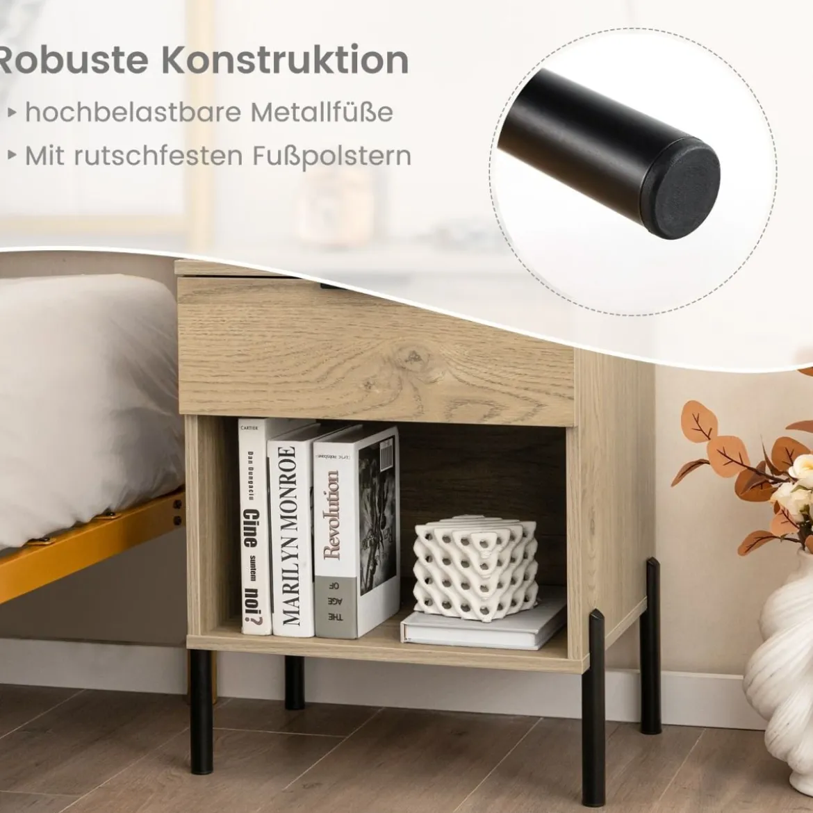 2er Set Moderner Nachttisch mit Ladestation & Schublade & Offenem Fach Beistelltisch
