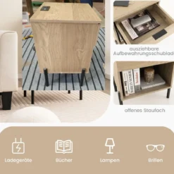 2er Set Moderner Nachttisch mit Ladestation & Schublade & Offenem Fach Beistelltisch