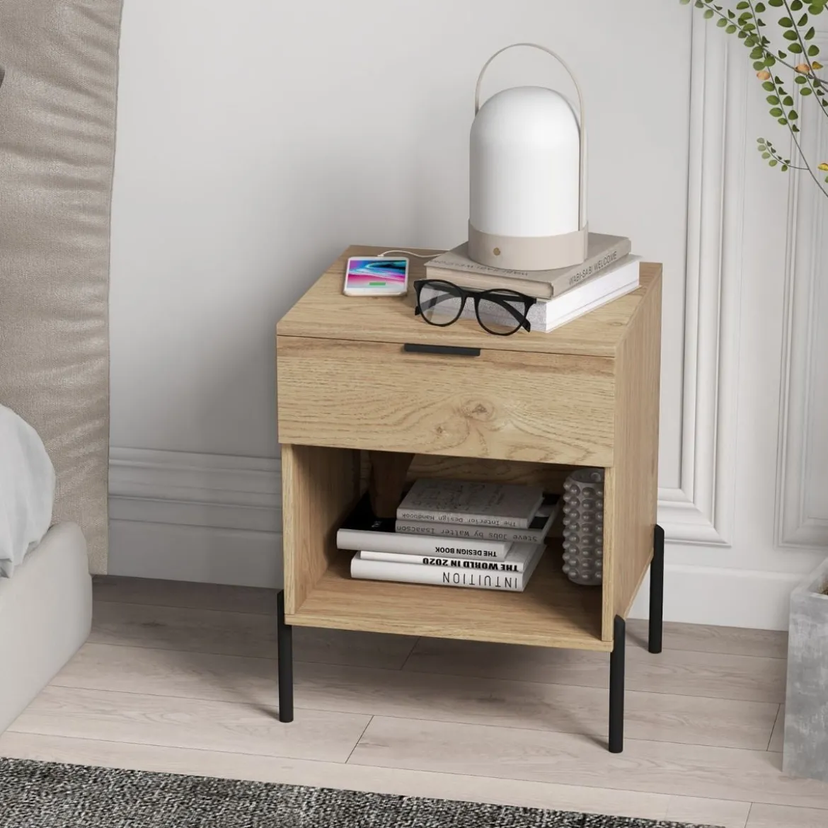 2er Set Moderner Nachttisch mit Ladestation & Schublade & Offenem Fach Beistelltisch