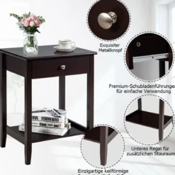 2er Set Nachttisch aus Holz mit Schiebeschublade Sofatisch 47,5 x 36 x 62 cm Braun