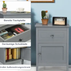 2er Set Nachttisch aus Kiefernholz mit Schublade und Tür 2-stufiger Akzenttisch Beistelltisch Hellgrau