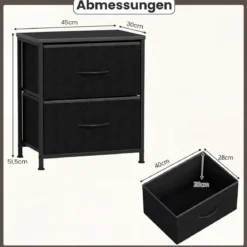 2er Set Nachttisch Beistelltisch mit 2 Stoffschubladen & Metallrahmen moderner Nachtschrank Schwarz