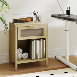 2er Set Nachttisch Holz mit Schublade Ladestation Rattanfront & Kippschutz-Set 50 x 38 x 64,5 cm Natur