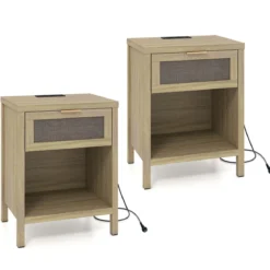 2er Set Nachttisch Holz mit Schublade Ladestation Rattanfront & Kippschutz-Set 50 x 38 x 64,5 cm Natur