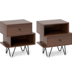 2er Set Nachttisch mit Abnehmbarer Schublade & Offenem Fach Mid-Century Sofatisch Braun