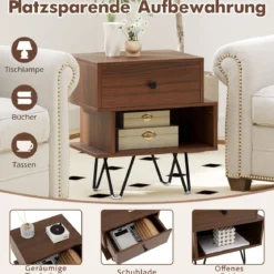 2er Set Nachttisch mit Abnehmbarer Schublade & Offenem Fach Mid-Century Sofatisch Braun
