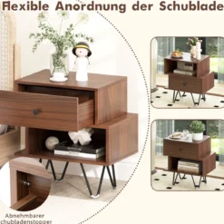 2er Set Nachttisch mit Abnehmbarer Schublade & Offenem Fach Mid-Century Sofatisch Braun