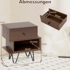 2er Set Nachttisch mit Abnehmbarer Schublade & Offenem Fach Mid-Century Sofatisch Braun
