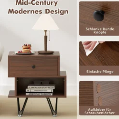 2er Set Nachttisch mit Abnehmbarer Schublade & Offenem Fach Mid-Century Sofatisch Braun